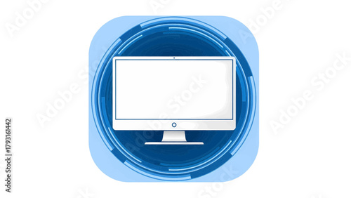 Vector illustration of modern computer monitor with a blank screen, set against a futuristic blue circular background on a transparent background