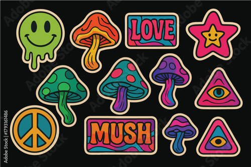 Retro Psychedelic Rave Stickers – Trippy Mushrooms, Groovy 70s 80s 90s Synthwave Art.