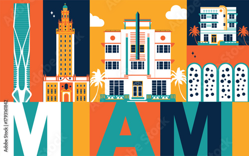 Typography word "Miami" branding technology concept. Collection of flat vector web Memphis, Bauhaus elements. Florida culture travel set, famous architectures. USA landmark. Abstract geometric poster.