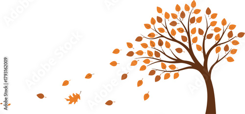 PrintAutumn tree illustration, falling leaves, seasonal wind, brown branches, orange foliage, nature concept, vector art, minimalist design, seasonal change, leaf drift