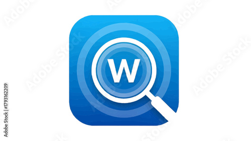 Vector illustration of app icon with a magnifying glass over the letter w, on a transparent background