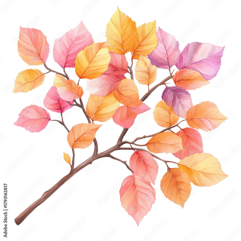 Obraz premium Autumnal Branch: A watercolor branch adorned with vibrant leaves in hues of orange, pink, and yellow, showcasing the splendor of autumn.