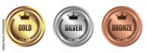gold, silver and bronze medals, Three medals gold silver and bronze with crown and laurel wreath on a white background