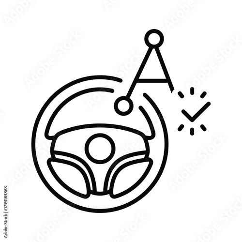Steering wheel with navigation marker and checkmark, symbolizing autonomous driving or navigation system