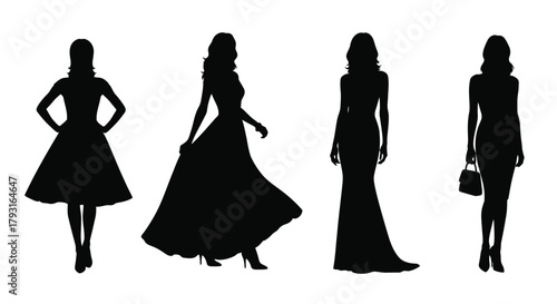 Elegant silhouettes of four women in varying dress styles displayed visually