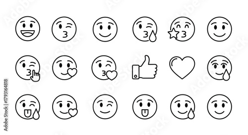 A collection of simple black and white emoji illustrations expressing various emotions