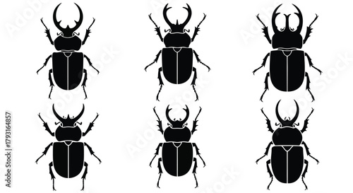 Black and white illustration of six stag beetles in a repeating pattern