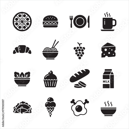 Food and drink icon set vector illustration with coffee, tea, pizza, burger, and dessert symbols for cafe menu design