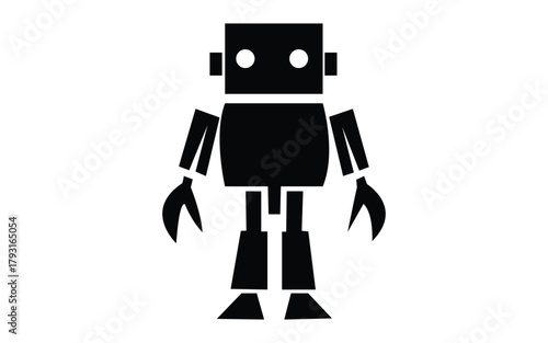 Simple black silhouette of a retro robot with square body and head isolated on white background