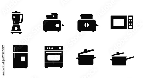 Simple black silhouette icons depicting various kitchen appliances and cookware