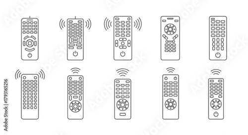 Collection of various black and white line art television remote controls