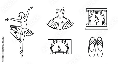 Ballet elements dancer tutu stage and pointe shoes in a line art style