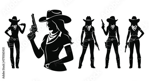 Silhouette depictions of armed cowgirls in varied poses a western theme