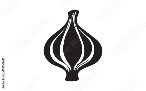 Stylized black silhouette of a single garlic bulb with lines representing cloves isolated on white background