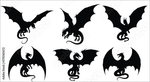 Silhouettes of mythical dragons in various dynamic flight poses are displayed