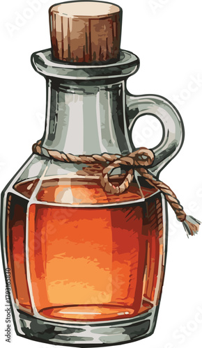 Vector watercolor painted illustration of a bottle of maple syrup