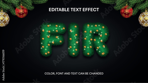 christmas editable text effect. fir editable text with lights and gold balls