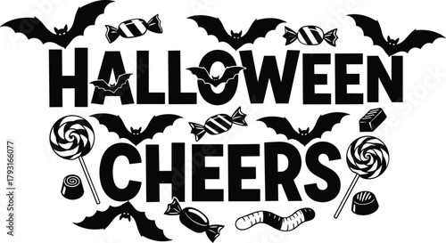 Spooky halloween cheers with bats and candy decorations
