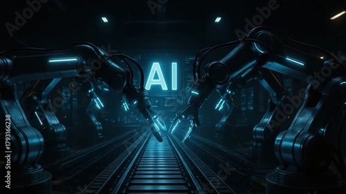 Artificial intelligence with robotic arms working futuristic dark factory environment glowing blue light showcasing advanced technology, automation, digital innovation, and industry machine