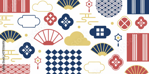 Seamless pattern of traditional japanese motifs in red blue and gold on white background