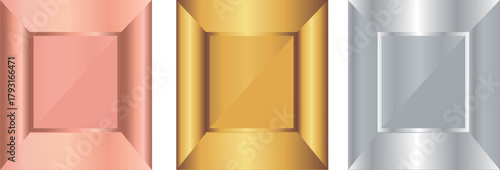 set of square template icons with designs in different metal textures, namely gold, silver and copper, for backgrounds for awards, achievements or rating icons