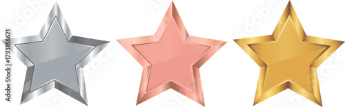 set of star template icons with designs in different metal textures, namely gold, silver and copper, for awards, achievements or rating icons