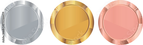 set of coin template icons with designs in different metal textures, namely gold, silver and copper, for awards, achievements or rating icons