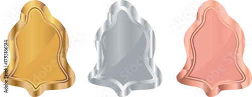 set of icons of New Year's bells with a design under different metal textures, namely with gold, silver and copper, for backgrounds for awards, achievements or rating icons