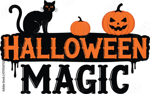 Spooky halloween magic with black cat and carved pumpkins