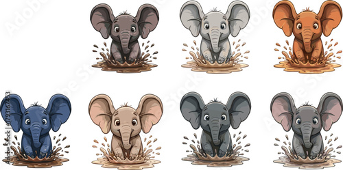 Cute baby elephant playing in mud, colorful cartoon animal illustration, adorable wildlife art, happy elephant character design for kids