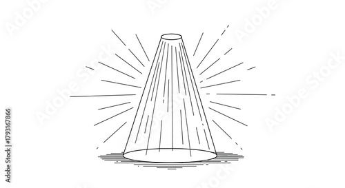 Simple hand-drawn spotlight illustration with radiating light beams and hatching shadows, isolated on a clean white background.