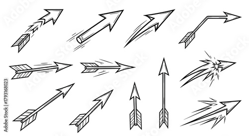 Assortment of hand-drawn arrows, including feathered hunting arrows and modern pointers, showing speed and impact effects.