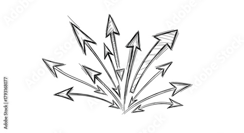 Hand-drawn sketch of multiple arrows bursting upwards and outwards from a central point, symbolizing growth and expansion.