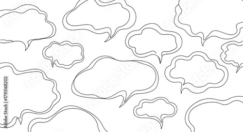 Background pattern of overlapping, continuous line speech bubbles with wavy, organic shapes, drawn in a simple minimalist style.
