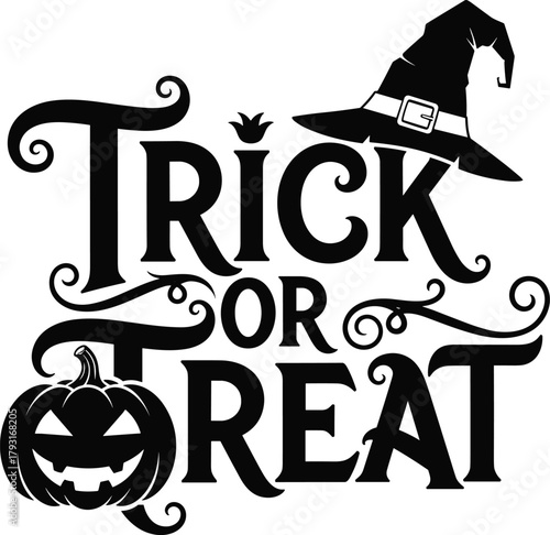 Spooky halloween trick or treat design with witch hat and pumpkin