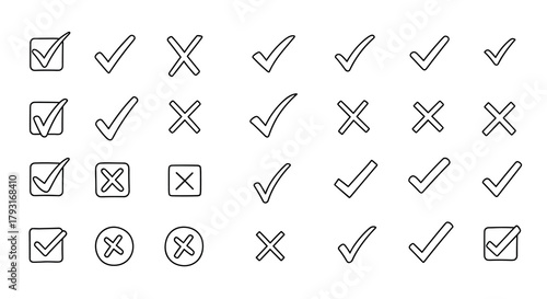 Large set of hand-drawn check marks and crosses, including icons in squares and circles, for lists, voting, and surveys.