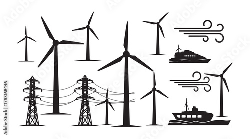 Isolated vector illustrations depicting wind energy power silhouettes.
