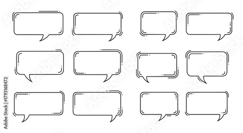 Set of twelve hand-drawn rectangular speech bubbles with rounded corners and sketch details, isolated on a white background.