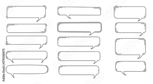 Collection of hand-drawn, elongated rectangular speech bubbles in various styles for comics, dialogues, and online comments.