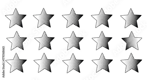 Collection of fifteen classic star icons with different halftone gradient effects, giving a retro, printed, and textured feel.