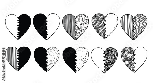 Set of ten hand-drawn hearts split in half, featuring various textures like lines, dots, and cross-hatching on one side.