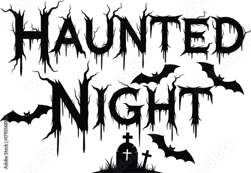 Spooky haunted night halloween text design with bats and gravestone