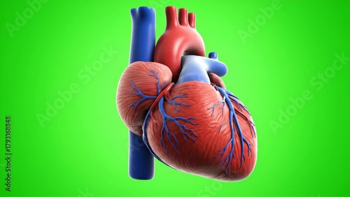Rotating 3D Human Heart Model Animation on Green Screen Background for Medical Research and Education Cardiovascular Anatomy