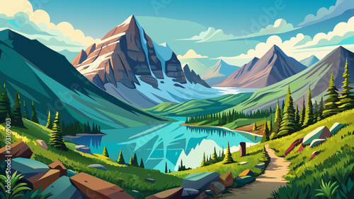 Very beautiful view of the Hidden Lake Trail in Glacier National Park, Montana, USA, featuring alpine meadows, snow-capped peaks, turquoise lake waters, and breathtaking panoramic scenery, capturing t