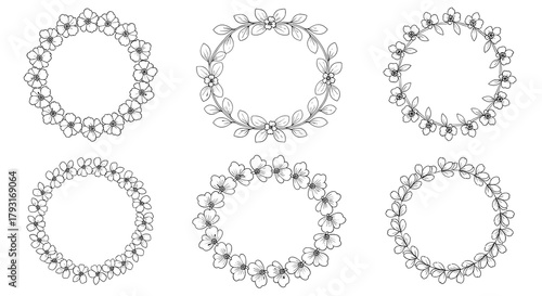 Set of six hand-drawn circular wreaths made of delicate flowers and leaves, perfect for wedding invitations and branding.