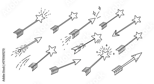 Collection of cute hand-drawn arrows with star-shaped heads, some sparkling, illustrating goals, wishes, and magic concepts.