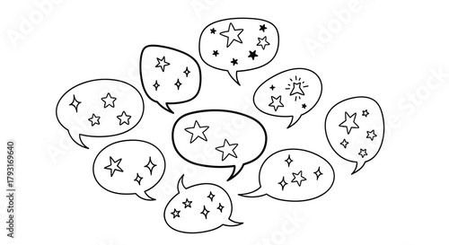 Hand-drawn illustration of multiple speech bubbles filled with twinkling stars, representing positive feedback, praise, or ideas.