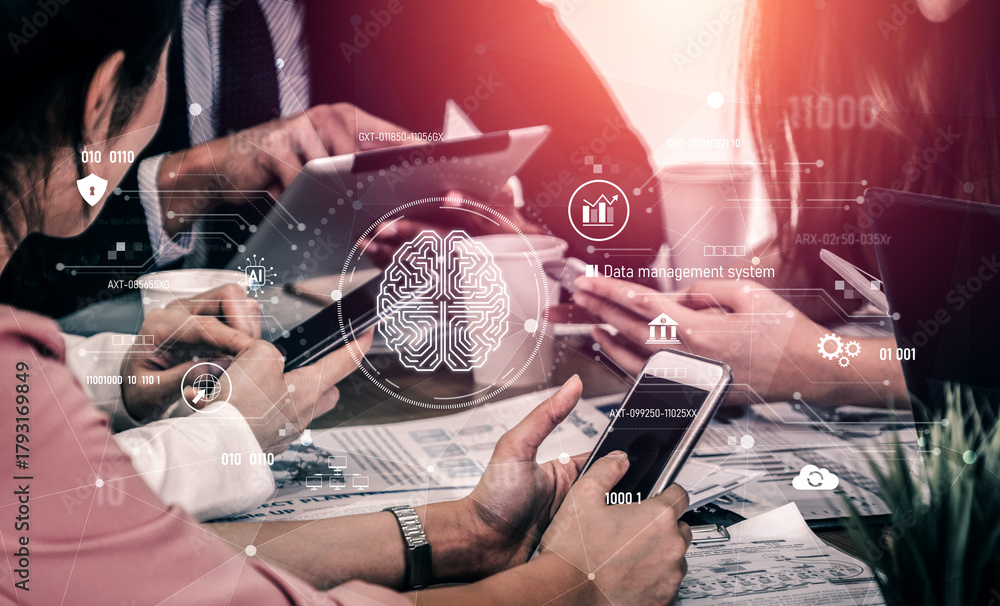 Fototapeta premium AI data management system for digital analysis, with AI, data, and system repeating for better SEO through contextually rich sentences Vouch