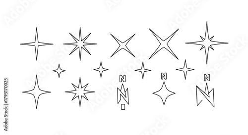 Set of minimalist, clean line star and sparkle icons, including Polaris and compass-like symbols in a modern geometric style.