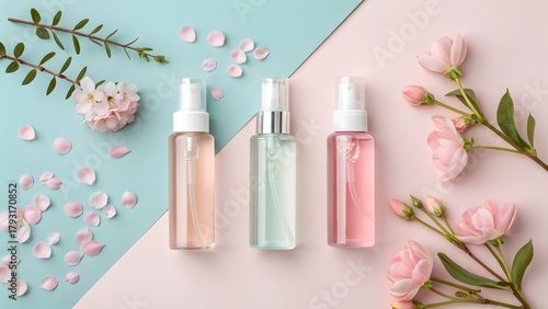 Three elegant glass spray bottles of cosmetic liquids with delicate pink flower petals and green leaves scattered on a pastel background